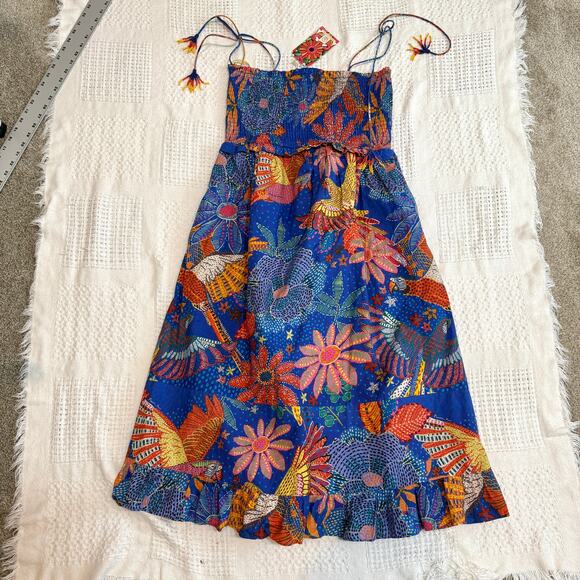 Farm Rio medium smocked poplin tropical beaded tie strap dress D1 2629 - Picture 6 of 9